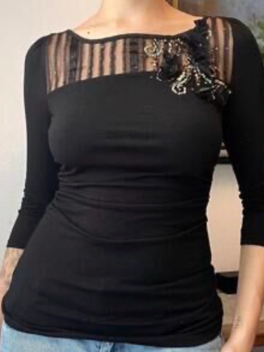 White House Black Market Black Sheer Yoke Top with Embellishment